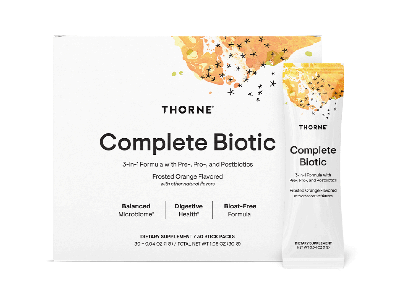 Complete Biotic gut support from Thorne, a 3-in-1 formula with pre, pro, and postbiotics for digestive health.