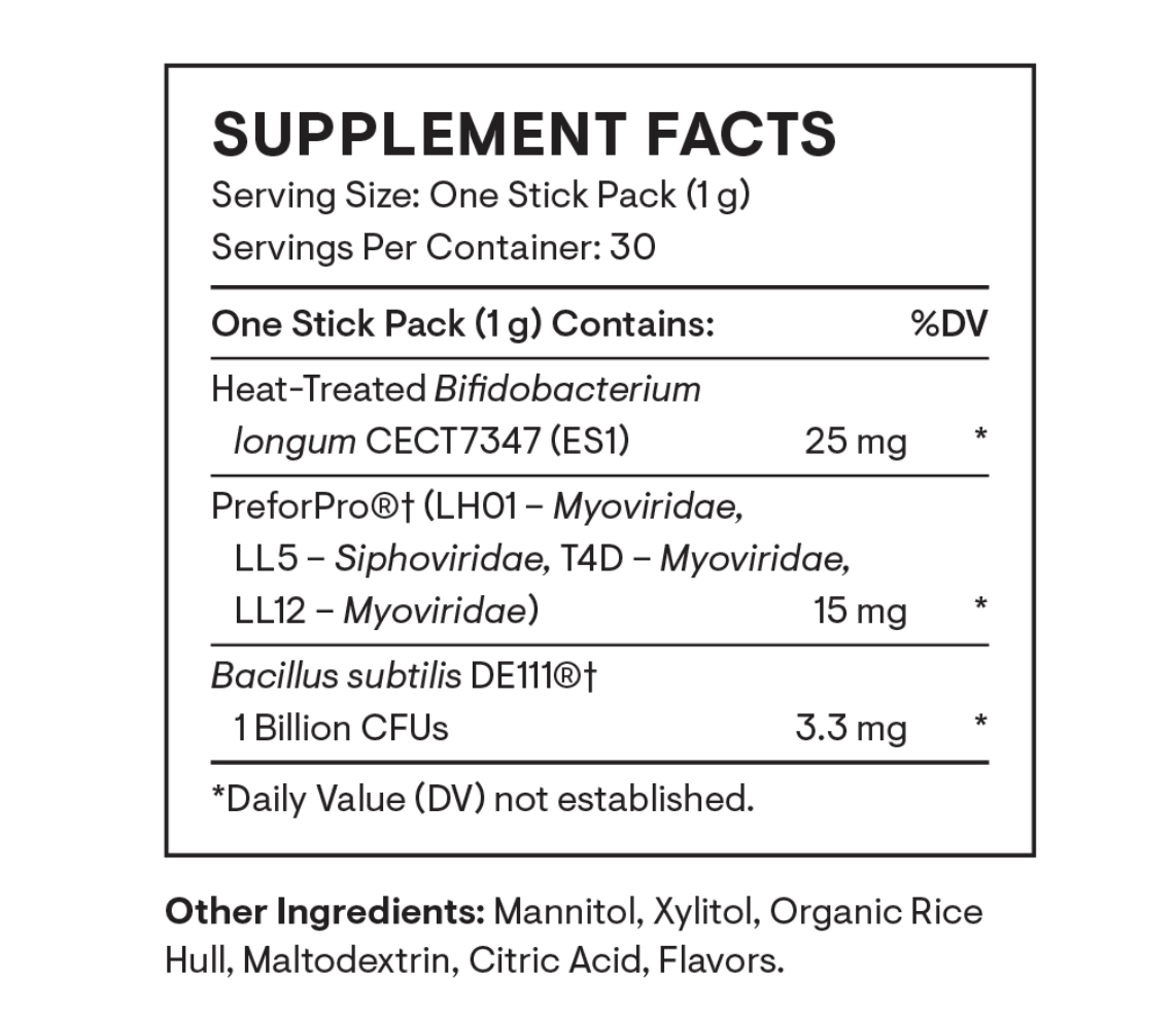 Supplement facts for Complete Biotic gut support showing ingredients and servings per container.